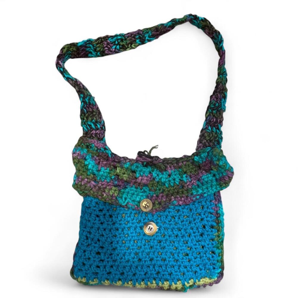 Handmade Crochet Shoulder Bag Purple Blue Green Sequined Button Purse Fairycore